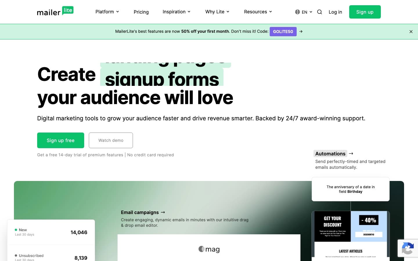 The MailerLite homepage